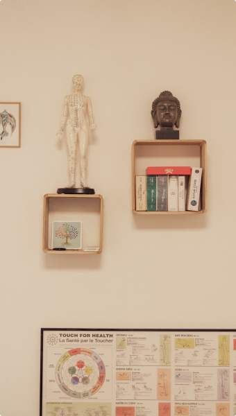 Étagères murales avec objets de décoration et livres dans le cabinet.